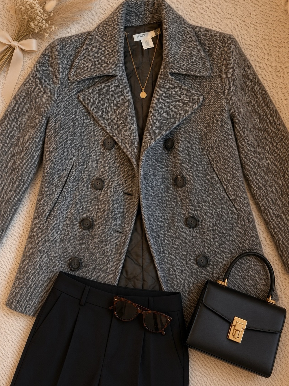 J. Crew Gray Double-Breasted Textured Wool Peacoat